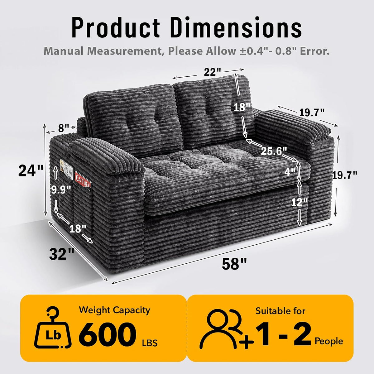 Loveseat Sofa for Living Room, Small Cloud Couch with Double-Density Foam Support, Removable Washable Corduroy Cover & 4 Pillows, Comfy Floor Sofa, Compact Couch for Small Spaces, Dark Grey