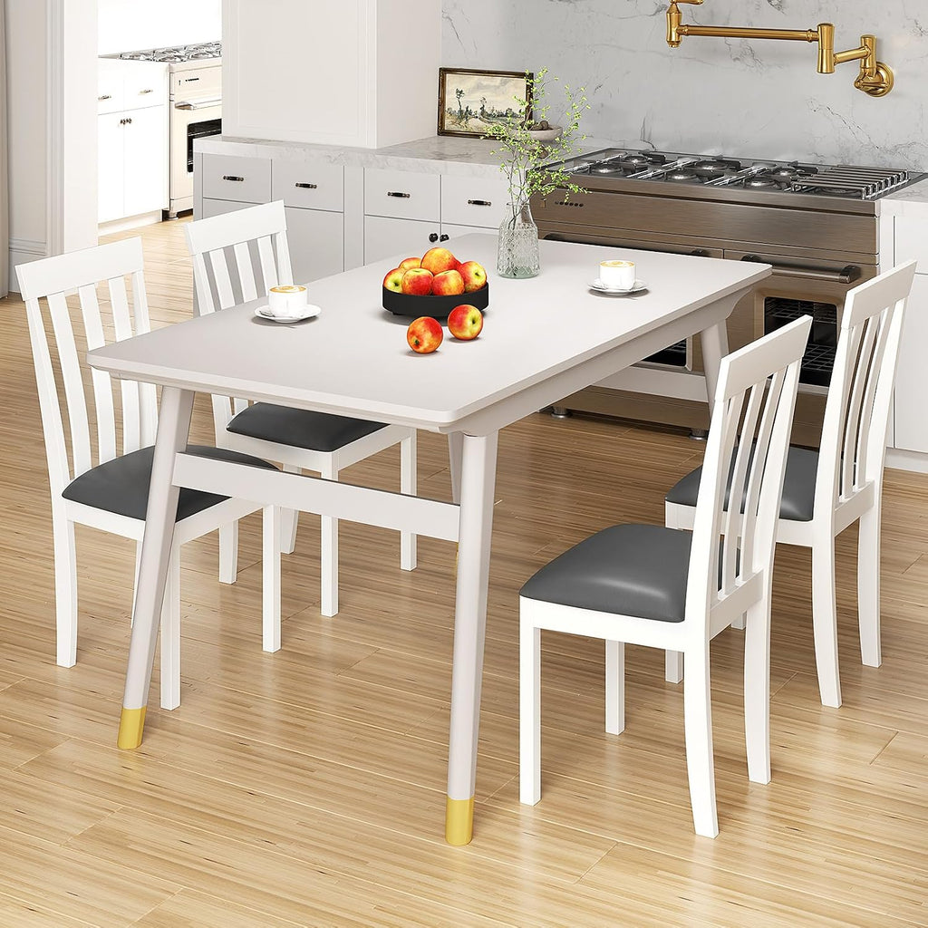 GOFLAME Wood Dining Chairs Set of 4, Upholstered Faux Leather Kitchen Side Chairs with Rubber Wood Frame, Armless Dinette Chairs for Dining Room, Living Room, Restaurant, White & Grey