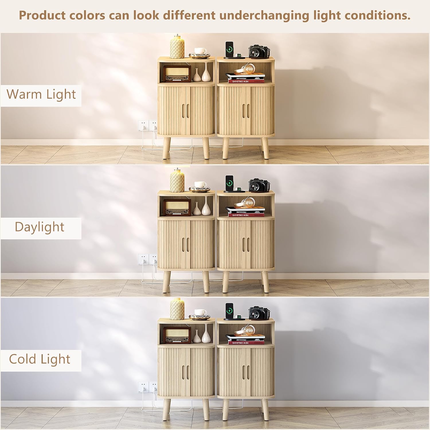 Alohappy Fluted Nightstands Set of 2 with Charging Station, Mid Century Modern Bedside Tables with Sliding Tambour Doors, Curved Wood End Table with Storage for Bedroom, Living Room, Natural Oak