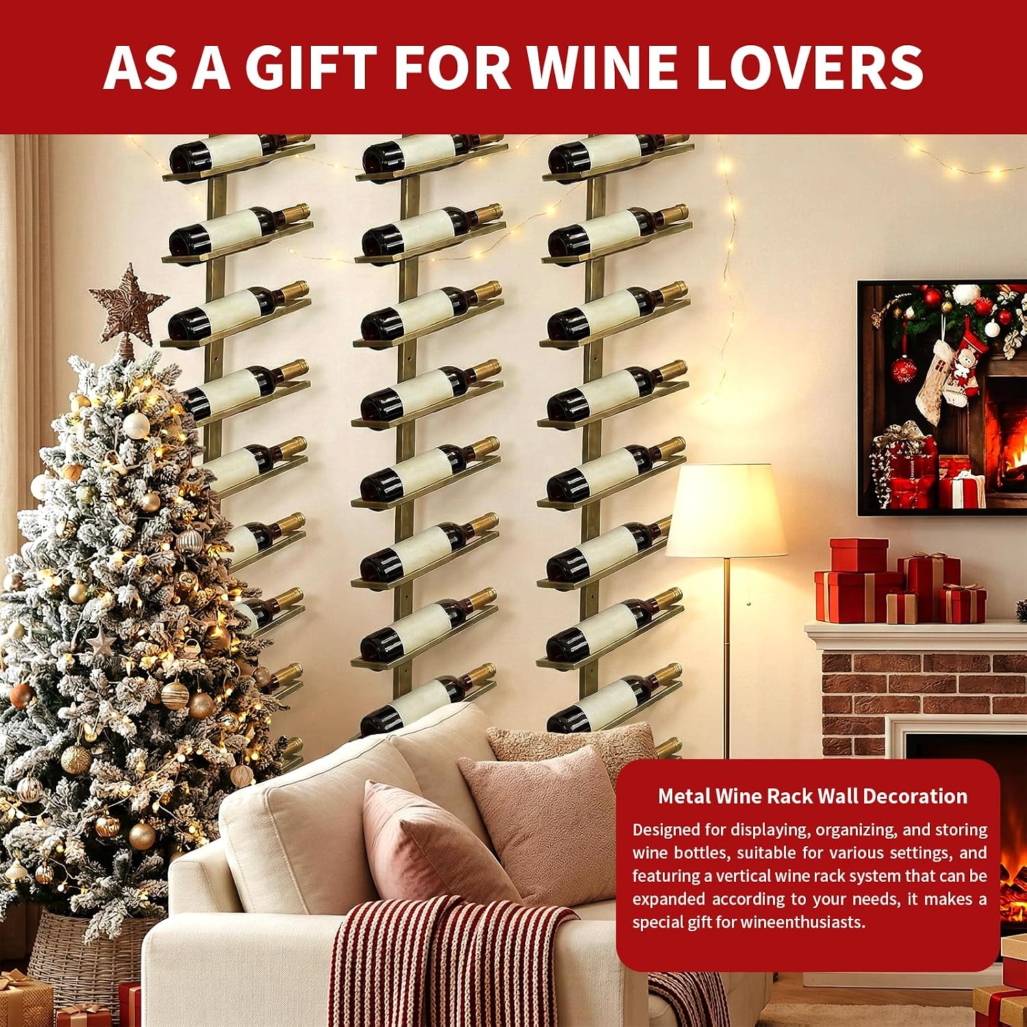 60-Bottle Wall Mounted Wine Rack, 5 Pack Modular Metal Wine Holder, Detachable DIY Wine Storage Rack, Wall Wine Bottle Display for Kitchen Dining Room Pantry Bar (Gold)