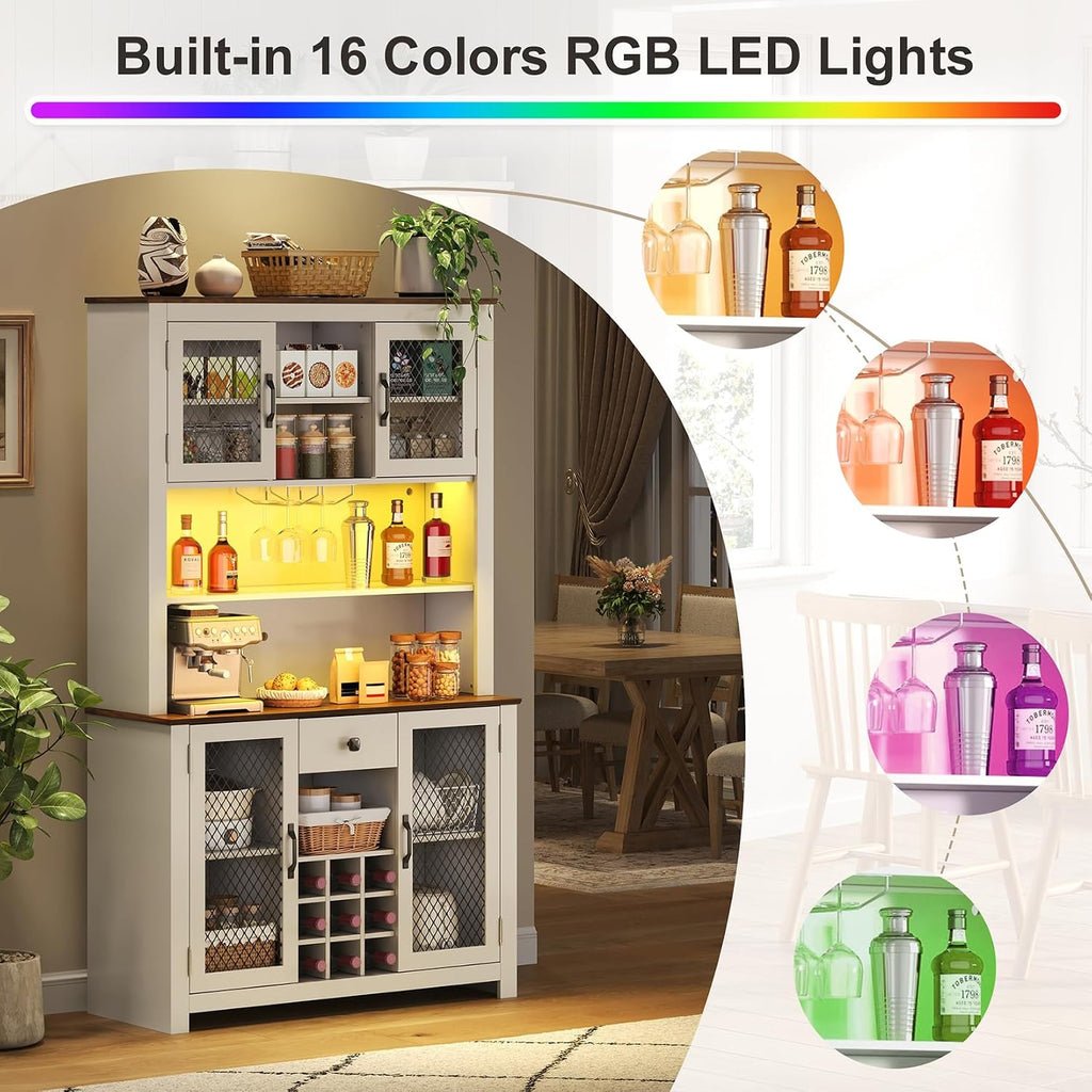 71" Tall Kitchen Pantry Cabinet with Charging Station 47" Wide Countertop Kitchen Hutch Cabinets with LED Light, Large Pantry Storage Cabinet with Shelves and Wine Rack, White