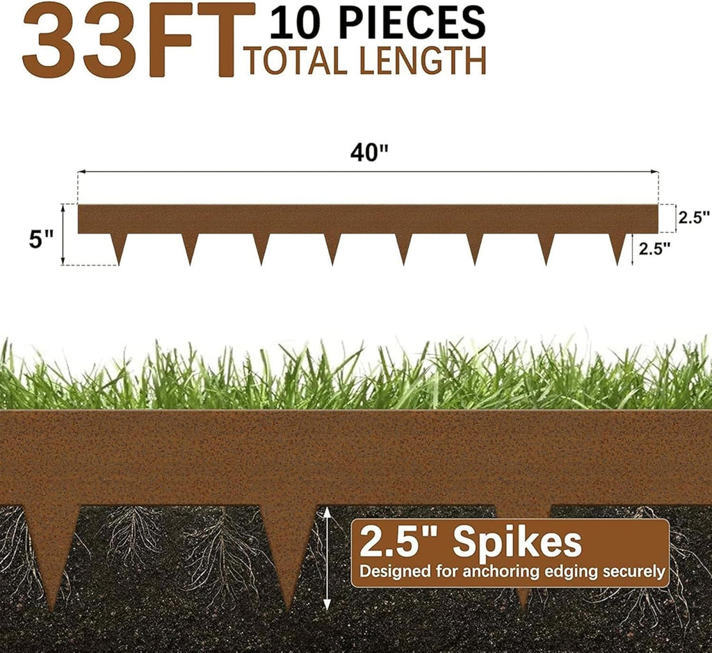 Worth Garden 10-Pack Corten Steel Landscape Lawn Edging - 5in H. (2.5" Above Ground + 2.5" Spikes) Rust Patina Bendable Metal Strips - Hammer-in Border w/ 11 Clips - Yard Pathway Divider (33Ft Total)