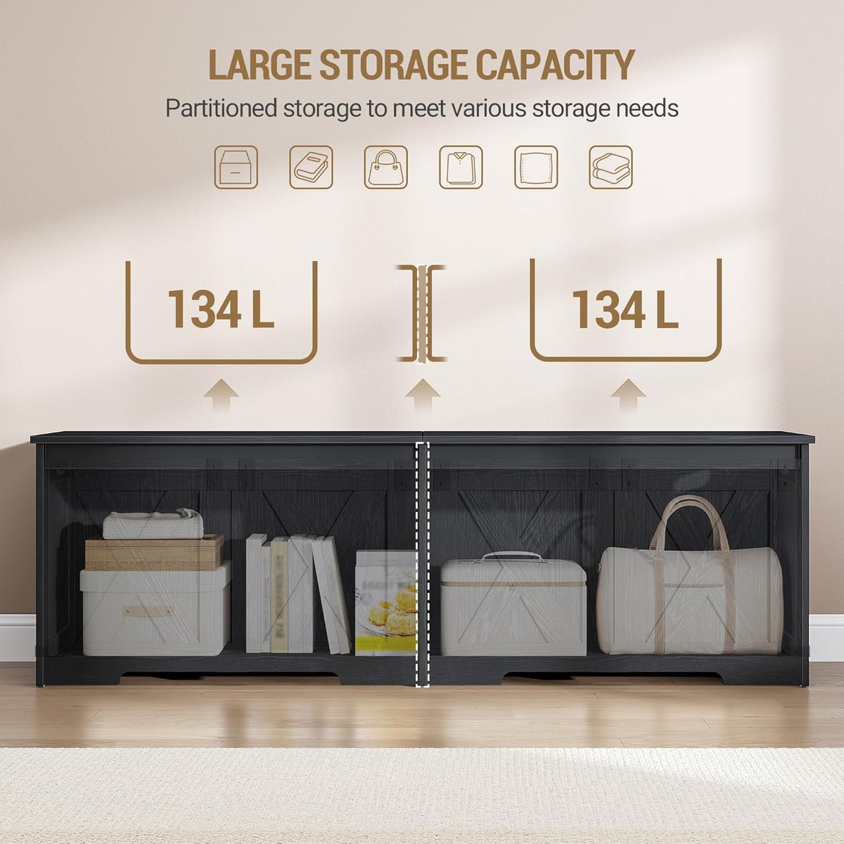 Hzuaneri 59" Storage Chest, Large Storage Trunk with 2 Hinges, Farmhouse Wooden Box Bench, Lift-Top Organizer Chest, Entryway Trunk for Bedroom, Living Room, Black SB15004X