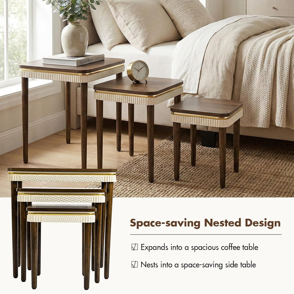 Hyfirm Walnut Nesting Tables Set of 3, Mid Century Side Tables | Space-Saving Stackable Design | Veneered Tops with Gold Trim | Rubberwood Legs