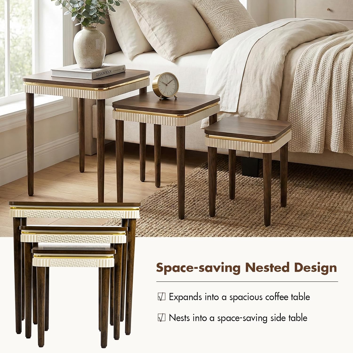 Hyfirm Walnut Nesting Tables Set of 3, Mid Century Side Tables | Space-Saving Stackable Design | Veneered Tops with Gold Trim | Rubberwood Legs