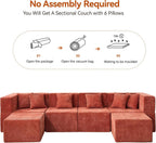 MONVANE Modular Sectional Cloud Couch for Living Room - 130'' 6 Seater Convertible Chenille Couches Set with Ottoman, No Assembly Compression Sofas, Comfy Floor Sofa with Memory Foam, Rust Red