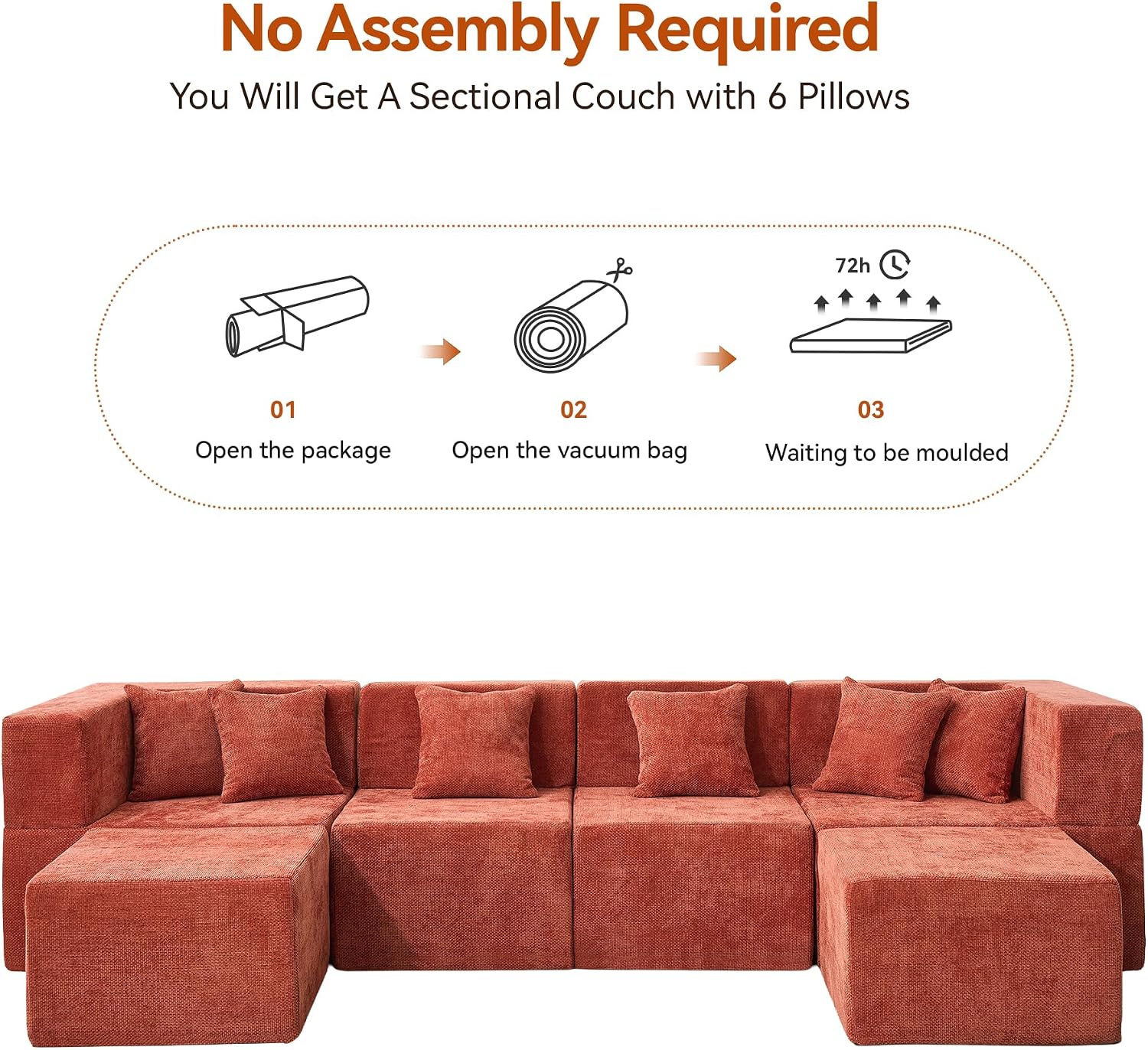 MONVANE Modular Sectional Cloud Couch for Living Room - 130'' 6 Seater Convertible Chenille Couches Set with Ottoman, No Assembly Compression Sofas, Comfy Floor Sofa with Memory Foam, Rust Red
