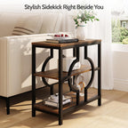 End Table, Narrow Side Table with 3-Tier Storage Shelves, Wood Sofa Side Table with Geometric Metal Frame for Living Room, Industrial Bedside Nightstand for Bedroom (1, Brown)