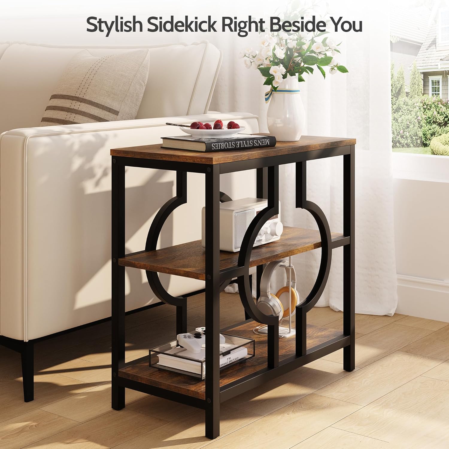 End Table, Narrow Side Table with 3-Tier Storage Shelves, Wood Sofa Side Table with Geometric Metal Frame for Living Room, Industrial Bedside Nightstand for Bedroom (1, Brown)