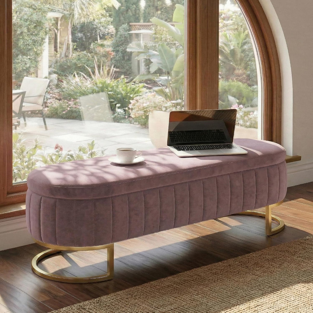 51" Velvet Storage Ottoman Bench End of Bed for Bedroom Entryway Purple | Velvet Large Storage Solid Wood with Metal Leg 300 lbs Weight