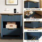 HIFYOBRO Fluted End Table with Charging Station and Motion Sensor Light, Modern Blue Side Table with 2 Drawers and Storage Shelf for Living Room, Bedroom, Guest Room