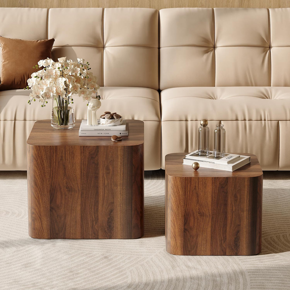 Nesting Coffee Table Set of 2, Modern Coffee Table and End Table Sets, Small Wooden Nesting Side Tables for Living Room Bedroom Apartment(Walnut)