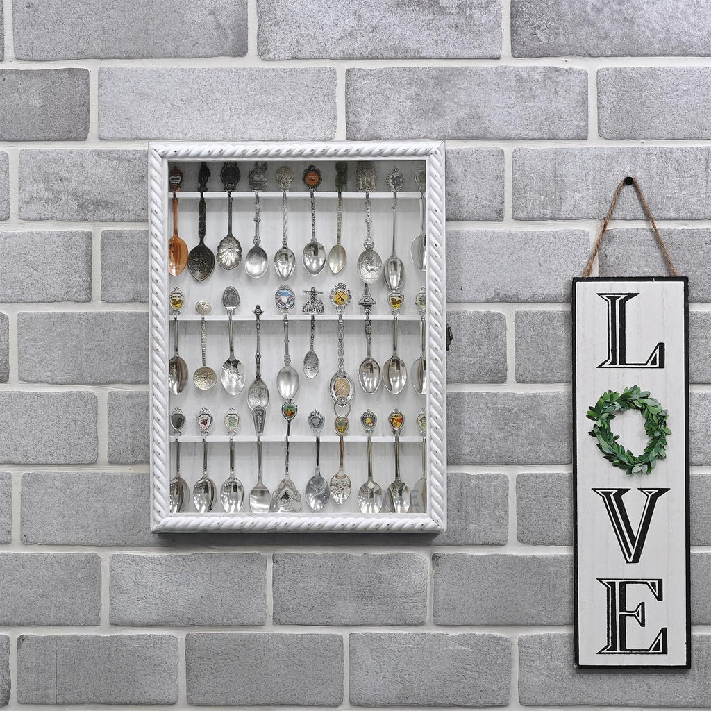 Ikee Design Wooden 30-Souvenir Spoon Display Case Cabinet, Wall-Mounted Tea Spoon Rack with Tempered Glass Door Suitable for Collection Display, Antique White Color, 13.4W x 2.6D x 15.7H in