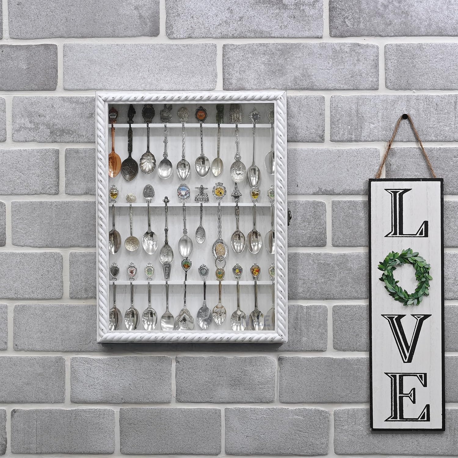Ikee Design Wooden 30-Souvenir Spoon Display Case Cabinet, Wall-Mounted Tea Spoon Rack with Tempered Glass Door Suitable for Collection Display, Antique White Color, 13.4W x 2.6D x 15.7H in