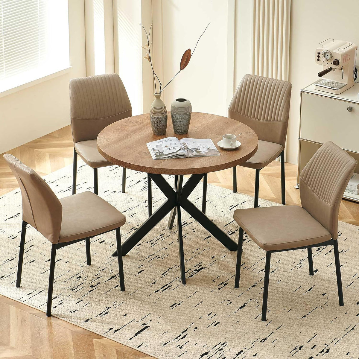 37" Round Dining Table Set for 4, Mid Century Modern Small Coffee Set for Dining Room Kitchen Apartment (Walnut Table + 4 PU Leather Beige Chairs)