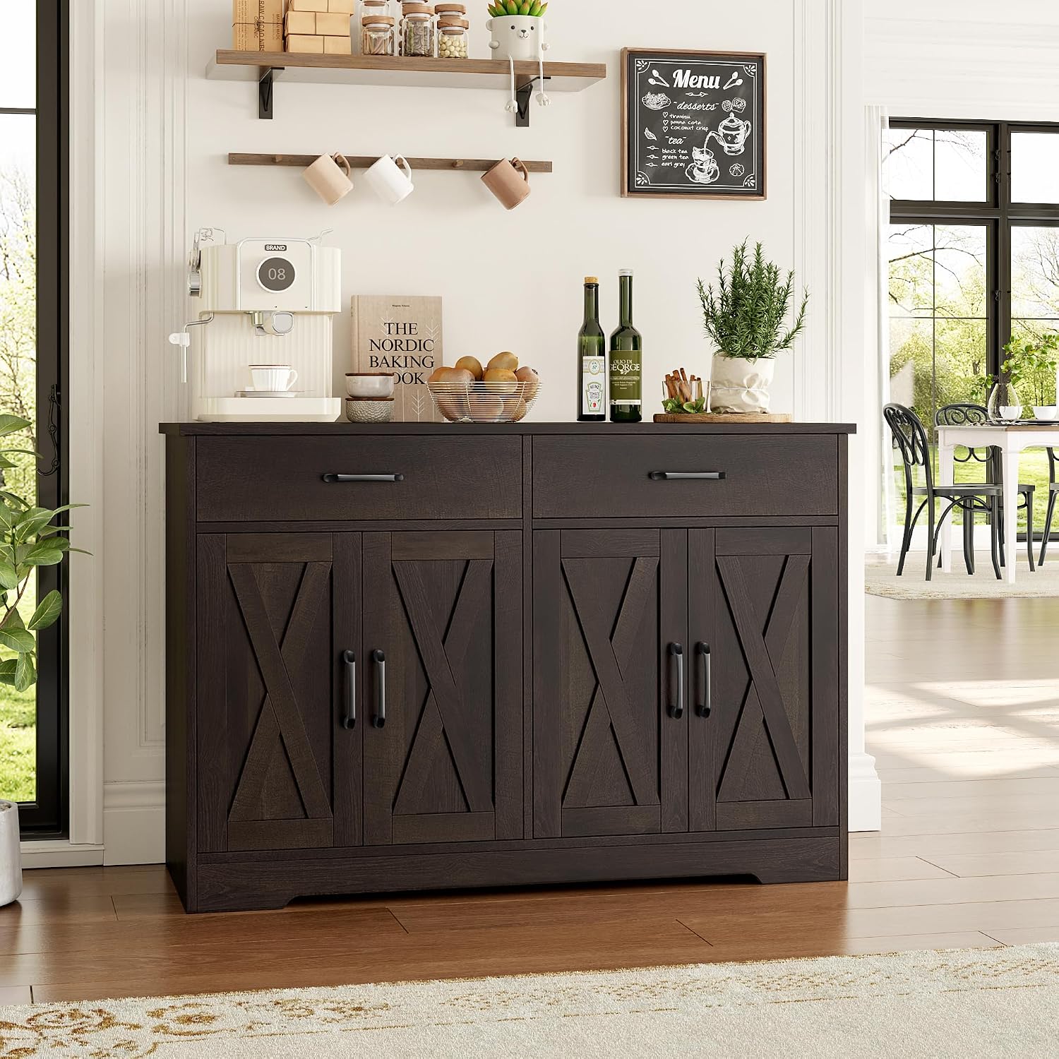 HOSTACK 47" W Kitchen Sideboard Buffet Cabinet with Storage Drawers, Brown | Farmhouse Kitchen Storage Cabinet with Doors and Shelves, Coffee Bar Cabinet, Buffet Table for Living Dining Room