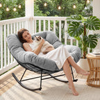 JEAREY Papasan Rocking Chair, Outdoor Oversized Egg Chair, Grey | Oversized papasan rocking chair with thick cushion and smooth rocker base for porch, patio, bedroom, living room