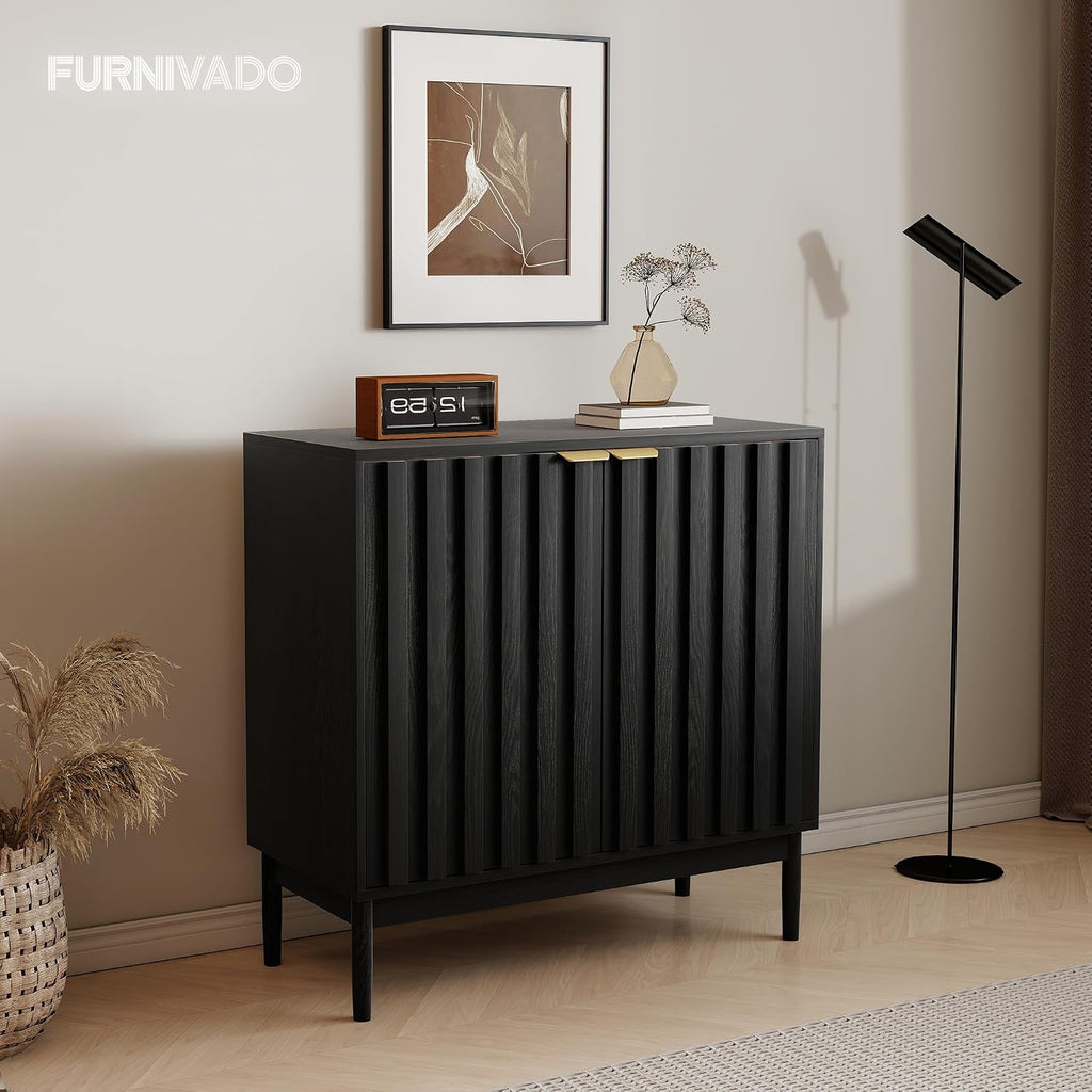 Fluted Cabinet with Storage, Buffet Cabinet Sideboard with 2 Doors, Black Buffet Storage Accent Cabinets with Adjustable Shelves for Living Room, Entry, Hallway, Kitchen