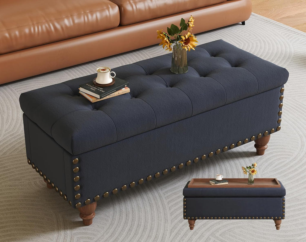 42'' End of Bed Storage Bench with Dual-Surface Lid, Upholstered Ottoman with Hidden Storage, Chenille Bench Seating with Wood Panel Seat for Entryway,Living Room,Bedroom-Blue
