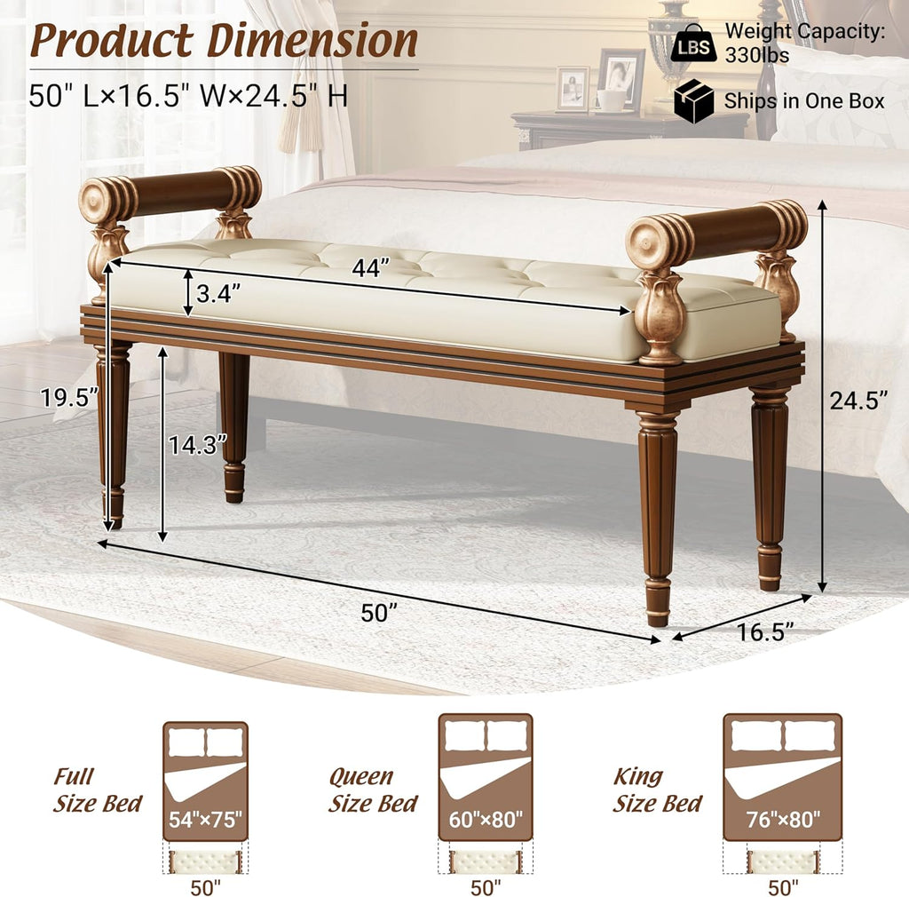 Christopher Knight Home Yae Luxurious PU Leather Upholstered End of Bed Ottoman, Wooden Living Room Ottoman Bench with Fluted Legs/Cylindrical Arm, Long Entryway Bench with Button Tufting, Brown+Beige