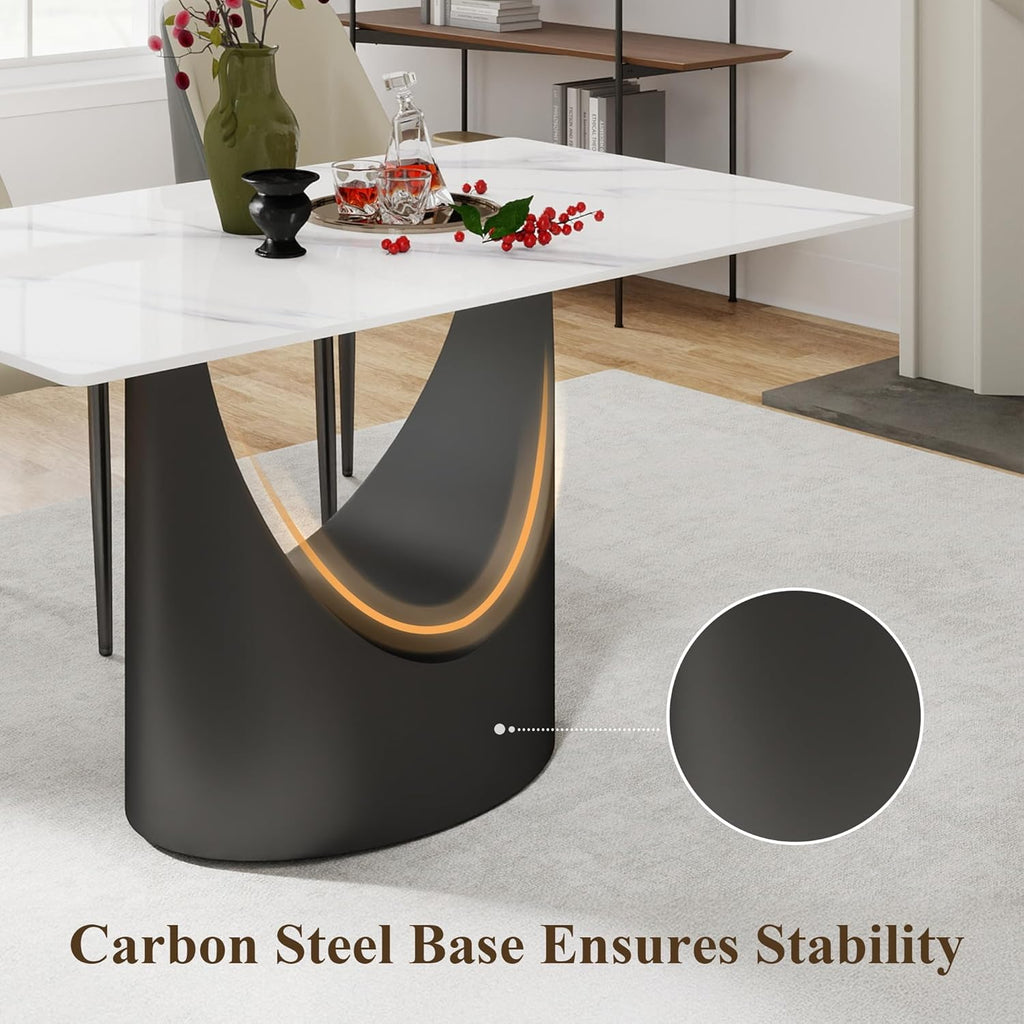 55" Modern Dining Table for 4-6, White Rectangle Dining Table, Sintered Stone Dining Tabletop with U-Shape Carbon Steel Pedestal (Table Only)