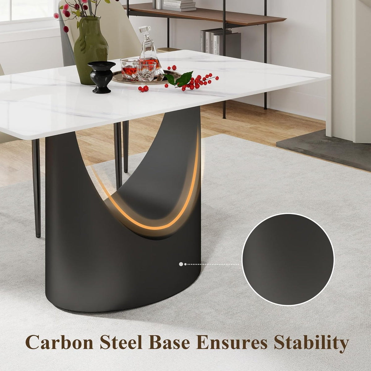 55" Modern Dining Table for 4-6, White Rectangle Dining Table, Sintered Stone Dining Tabletop with U-Shape Carbon Steel Pedestal (Table Only)