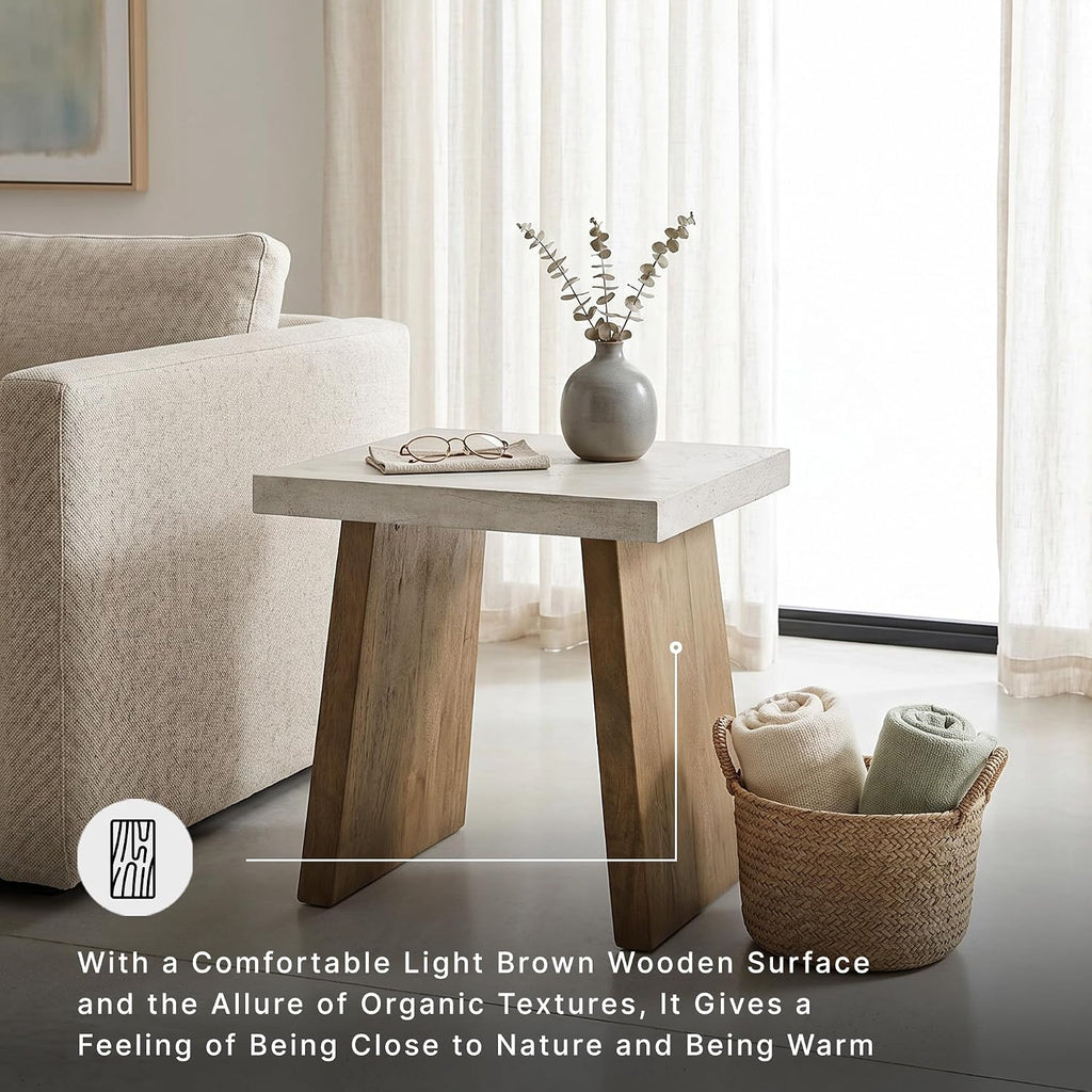 Signature Design by Ashley Brendalhouse Casual End Table with Faux Cement Top and Double Plinth Base, Solid Mango Wood, Melamine Laminate, Casually Cool Design, Light Brown & White