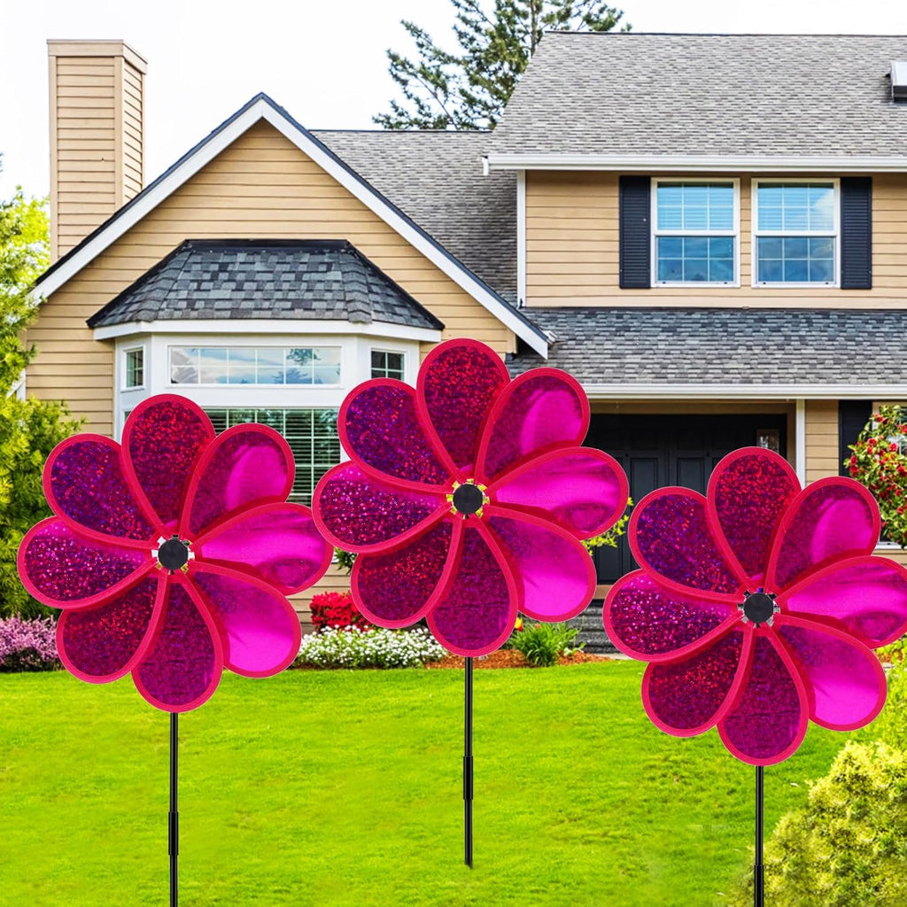 4PCS Flower Wind Spinner Sparkly Lawn Pinwheel 11.8 inch Hot Pink Garden Windmill for Garden, Party, Outdoor, Yard Decor