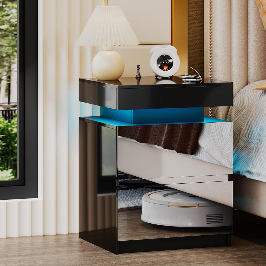 LED Nightstand - Bedside Table with Charging Station and 2 Mirrored Drawers Sliding Top with Magnetic Lock - Modern Night Stand for Bedroom & Living Room - Black