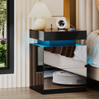 LED Nightstand - Bedside Table with Charging Station and 2 Mirrored Drawers Sliding Top with Magnetic Lock - Modern Night Stand for Bedroom & Living Room - Black