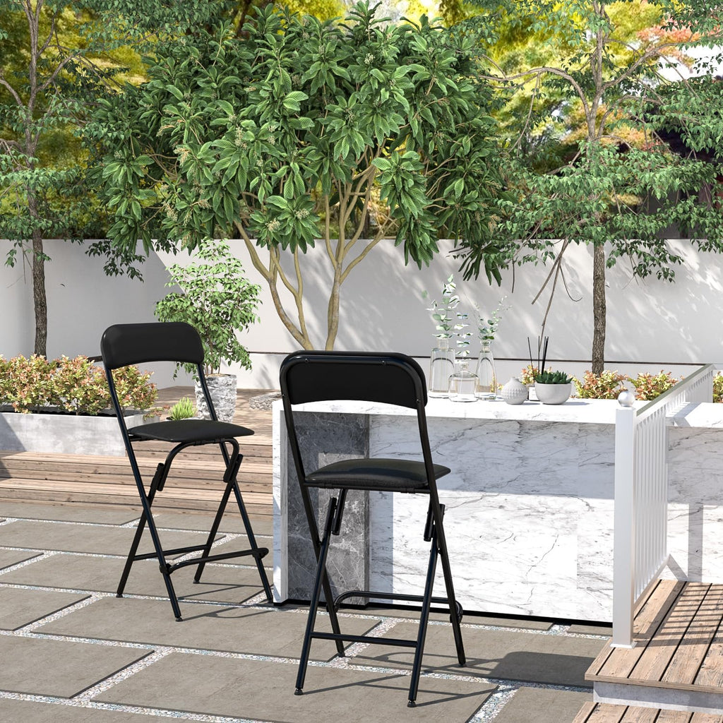 VENI HOME Folding Bar Stool with Backrest,25 Inch Leather Padded Counter Height Foldable Stool,Tall Folding Stool Chair for Gardening Kitchen Shop Cafe, Black (2 Pack)