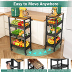 Vivihomety 4-Tier Laundry Utility Rolling Cart with Wheels, Metal | Narrow 8.1" wide, lockable wheels, wood top panel, metal frame, for laundry room, small spaces, pantry, tight gaps, Black