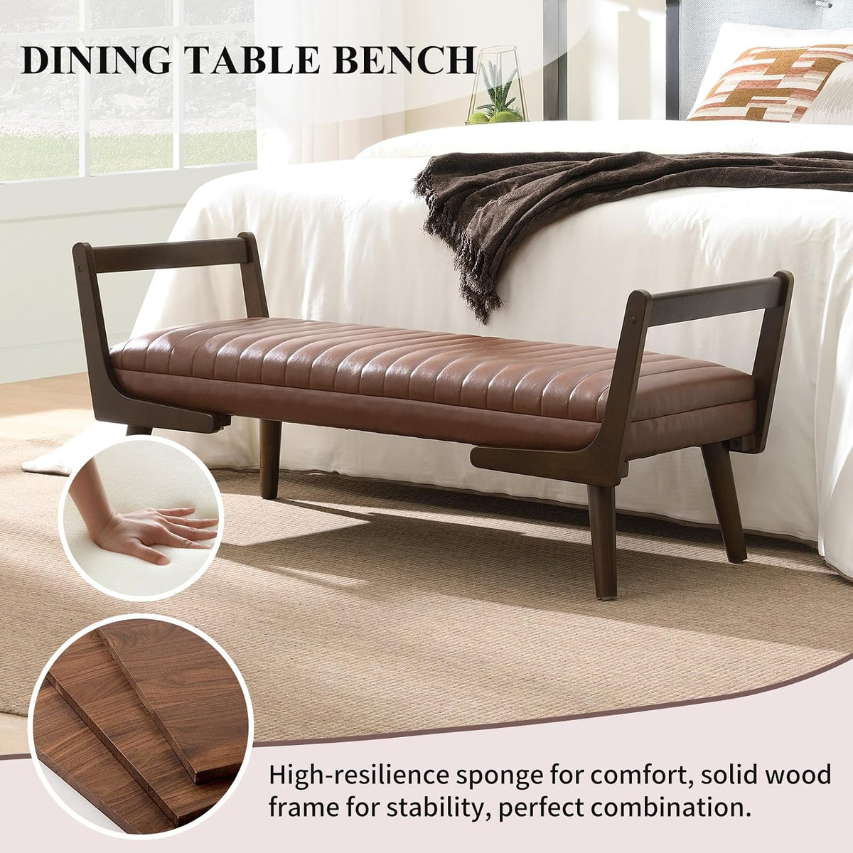 52" Rectangle Ottoman Bench, PU Leather Upholstered Dining Table Bench with Tufted Design, Mid Century Entryway Shoe Bench with Walnut Stain Finish, Long Footstool for Bedroom (Cognac)