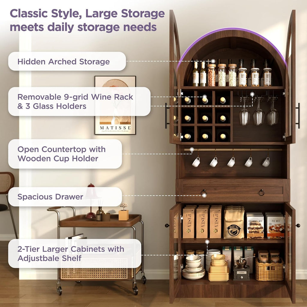 Merax 70" Tall Arched Farmhouse Pantry Cabinet with Glass Doors, Walnut | Mid-Century Kitchen Storage Cupboard with 9 Wine Racks, Adjustable Shelf, and Large Drawer for Coffee Bar, Liquor Storage