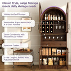 Merax 70" Tall Arched Farmhouse Pantry Cabinet with Glass Doors, Walnut | Mid-Century Kitchen Storage Cupboard with 9 Wine Racks, Adjustable Shelf, and Large Drawer for Coffee Bar, Liquor Storage