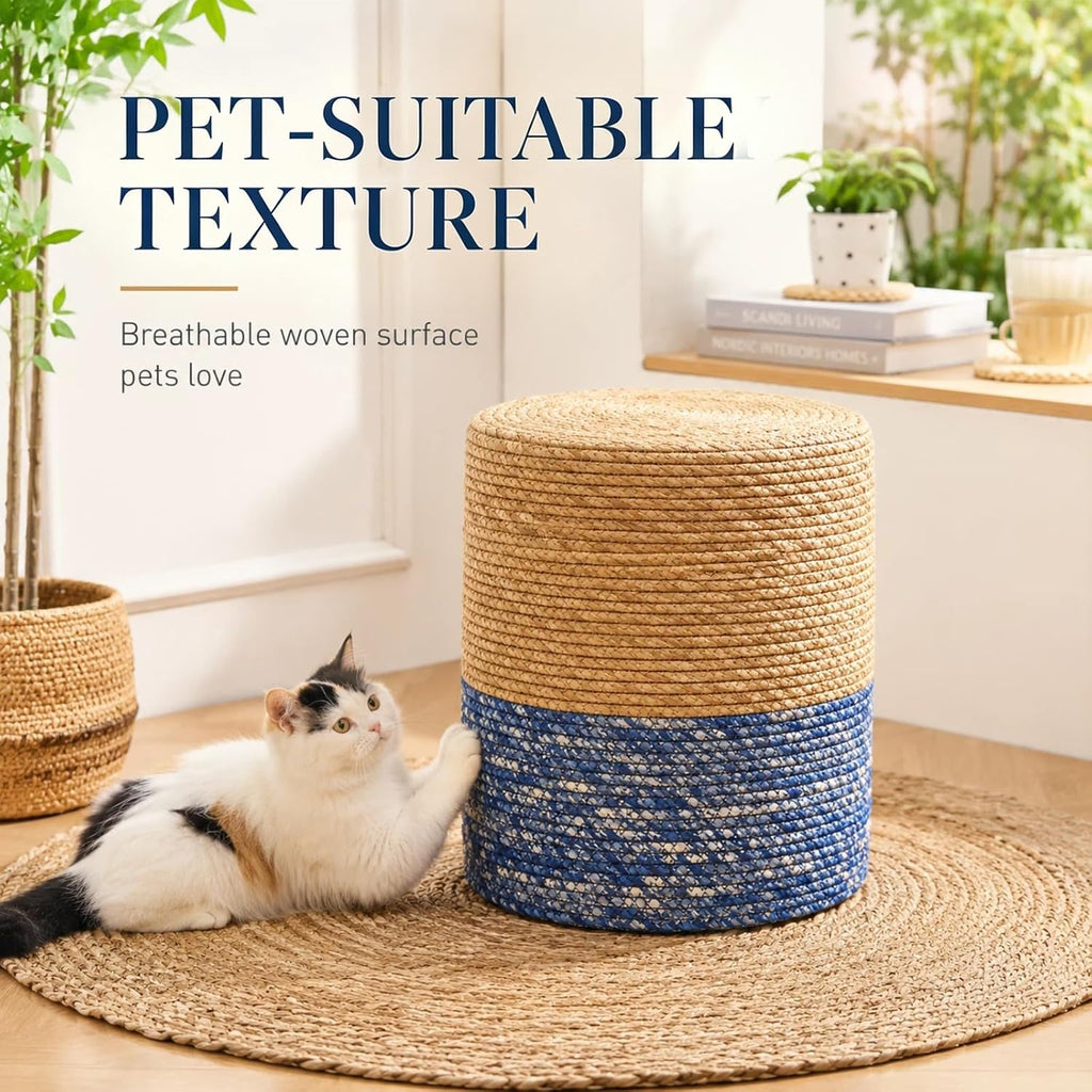 Wimarsbon Natural Seagrass Foot Stool, Hand Weaving Round Ottoman, for Living Room, Outdoor Seat (Natural & Blue)
