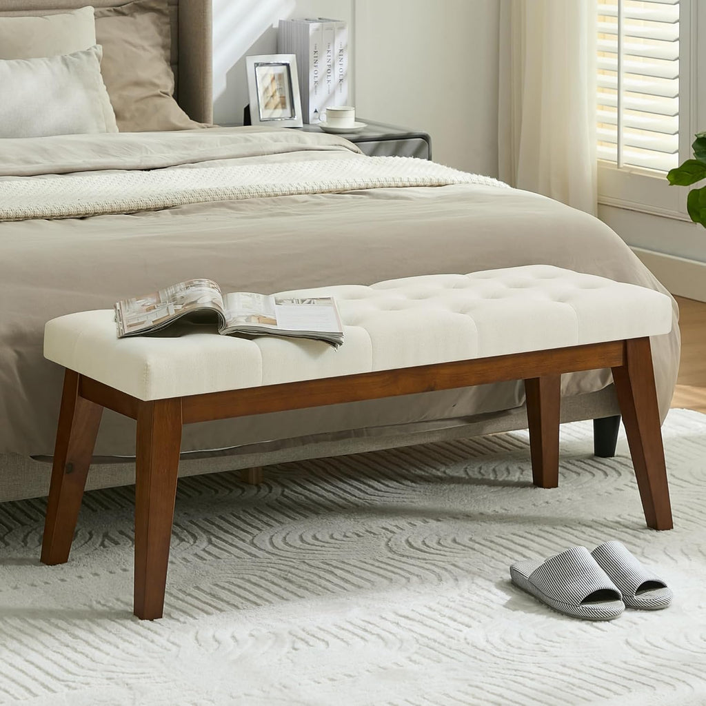 WUTUTUEE 43.5'' Linen Bedroom Bench, Upholstered End of Bed Bench with Tufted Button, Padded Vintage Dining Bench, Entryway Bench with Solid Wood Legs, Kitchen, Living Room, Hallway, Beige Tufted