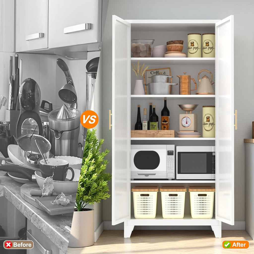 71'' Tall Kitchen Pantry Cabinet, Metal Storage Cabinet with 2 Doors and 4 Adjustable Shelves, Metal Pantry Cabinet with Lock for Dining Room, Living Room,White