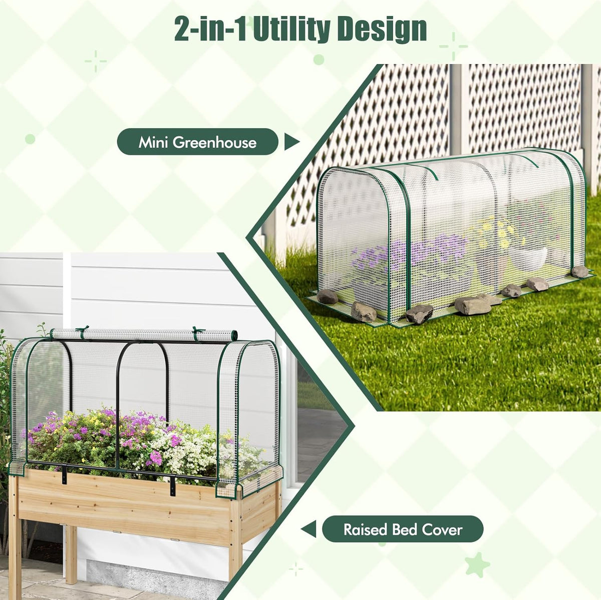 Happygrill Portable Mini Greenhouse, 47" x 22" x 24" Green House w/ Roll-up Zipper Door, Metal Frame, Waterproof Sun-Protective PE Cover, Small Greenhouses for Raised Garden Bed, Outdoor (White)