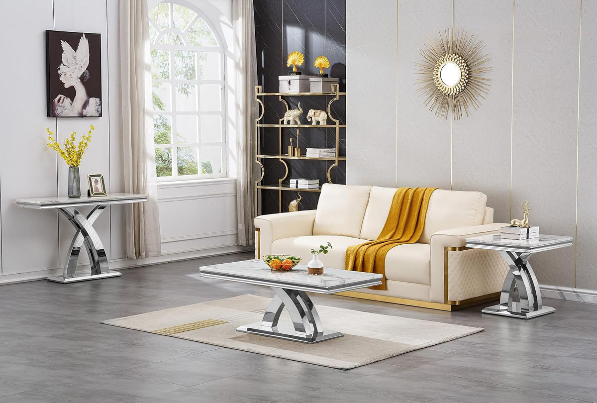 1 Piece Living Room End Table Luxury Faux Marble Sofa Side Table, Modern White Silver End Table with X-Shape Stainless Steel Pedestal Base