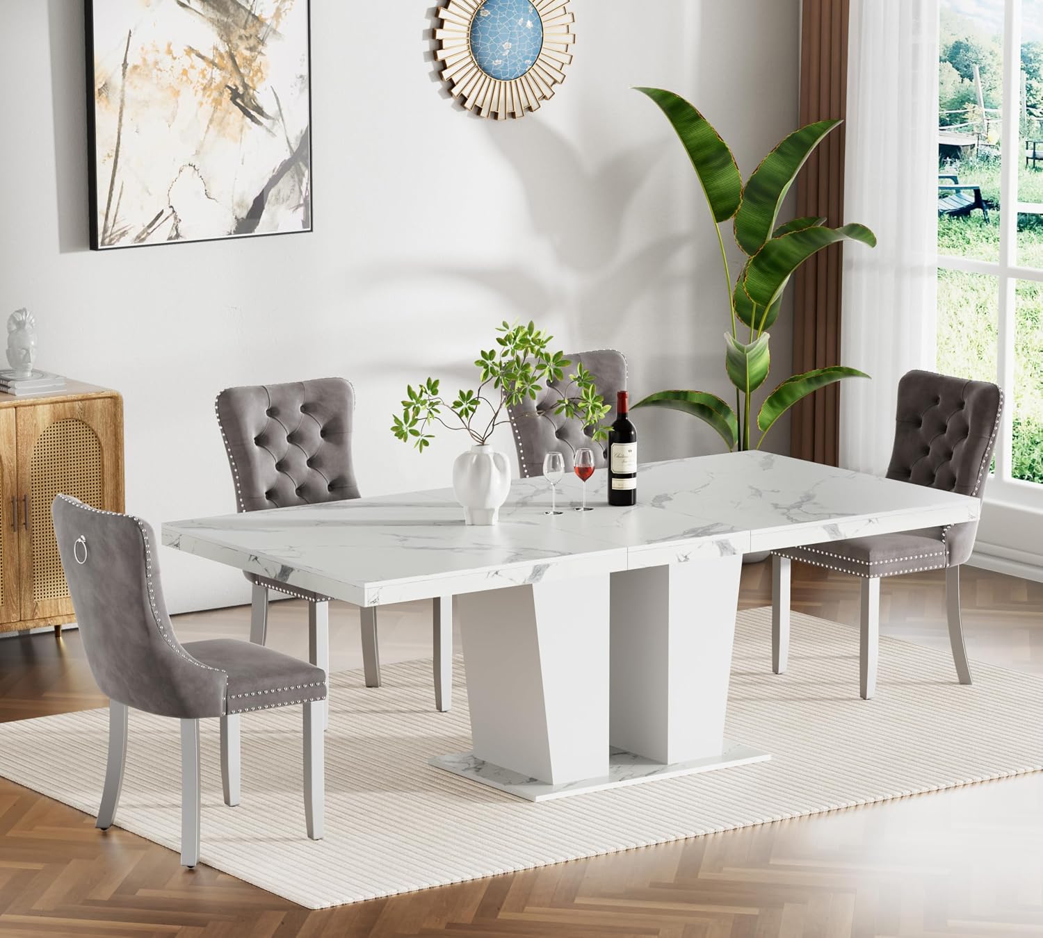 White Faux Marble Dining Room Table Set for 4, 5-Piece 63"-78.74" Extendable Dining Table Set with 4 Chairs, Rectangle Wooden Expanding Kitchen Table and Grey Upholstered Chairs Set