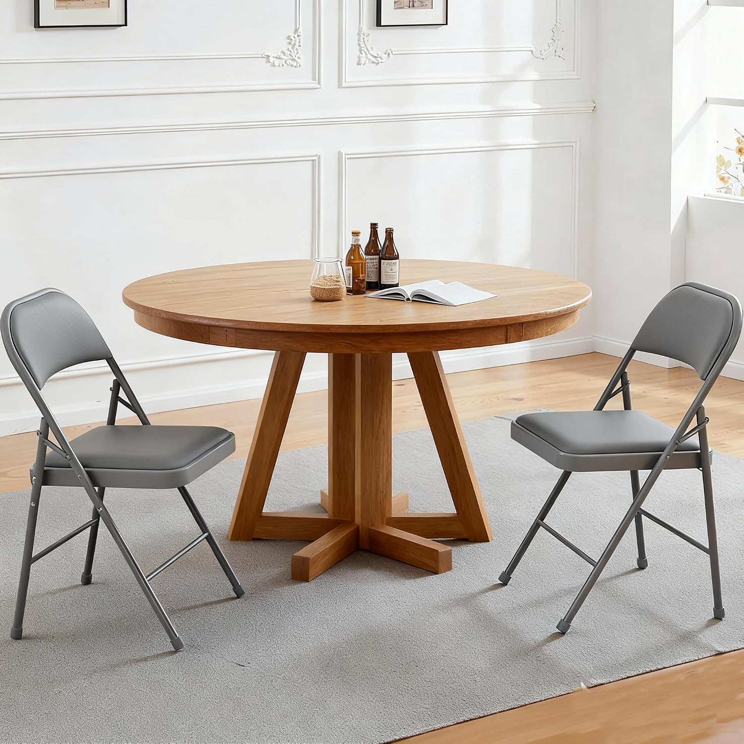 Simple Deluxe Dining Chairs Set of 2, Leather Cushion Foldable Modern Kitchen Side Chair with Padded Back& Metal Legs, Upholstered Dinner Seat Gift for Home/Living Room/Bedroom/Restaurant, Grey