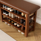 Shoe Rack Bench with Leather Cushion 3-Tier Shoe Rack Organizer for Entryway Hallway or Living Room Farmhouse Rustic Wooden Seat Bench Walnut 11.8" Dx31.5 Wx20.4 H