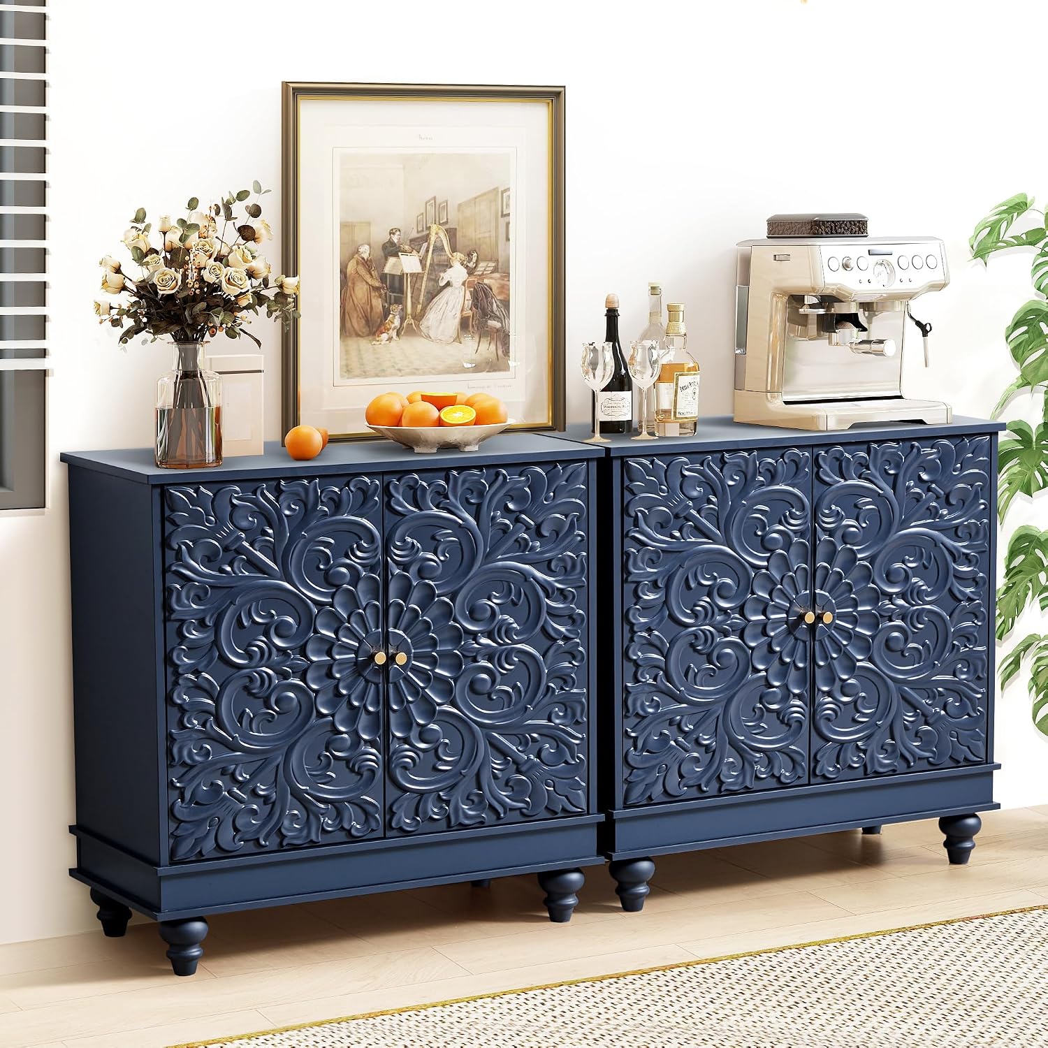weselon Accent Cabinet with 2 Doors, Luxury Carving Board Storage Sideboard with Adjustable Shelves, Buffet Cabinet Entryway Table for Living Room (Midnight Blue)