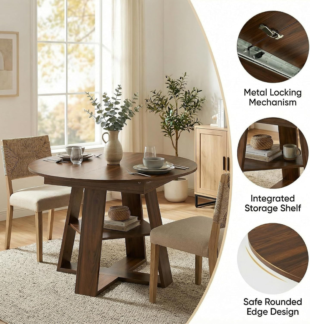 43.3-59" Extendable Round Dining Table, Modern Oval Kitchen Table with Removable Leaves, Wooden Base with Storage Shelf, Space Saving Dining Table for Kitchen Living Room Apartment Small Space, Walnut