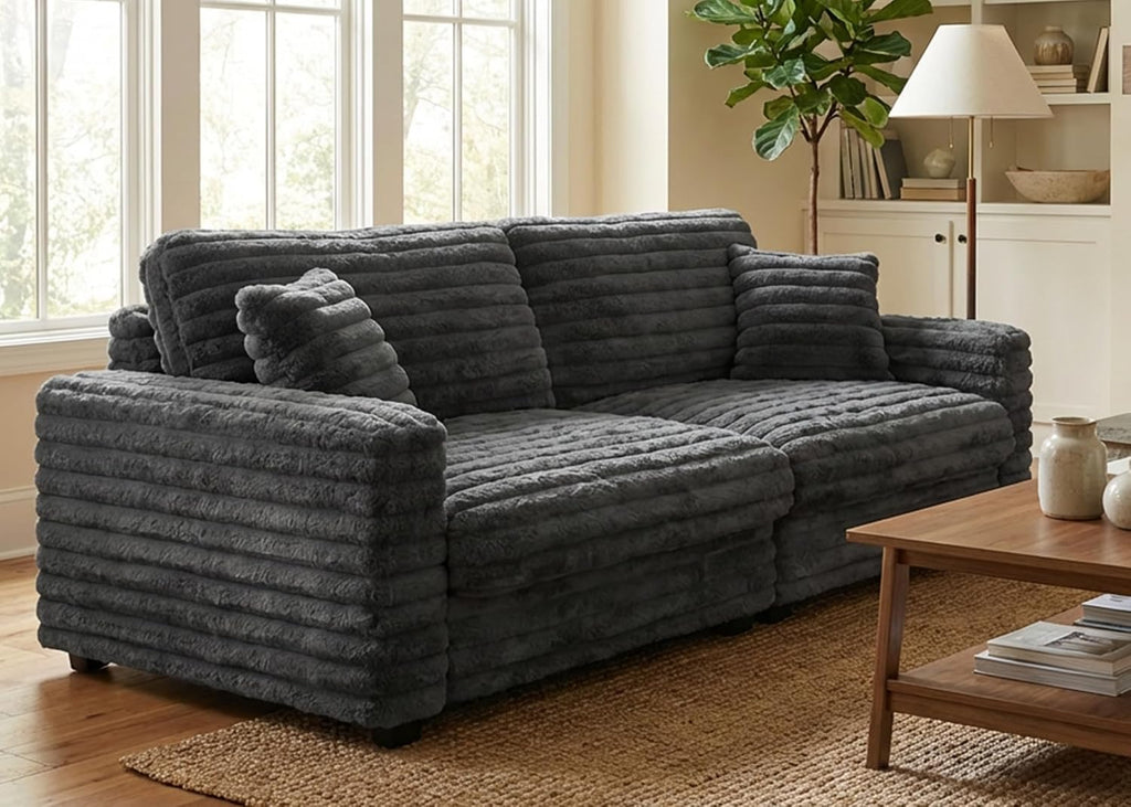 78.7" Corduroy Love Seat Sofa, Cloud Deep Seat Couch with Legs 2 Pillows, Fluff Corduroy Loveseat for Small Space, Living Rooms and Apartment, Dark Grey