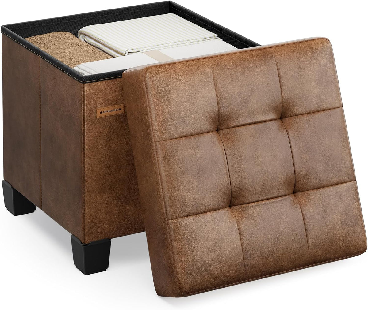SONGMICS Small Storage Ottoman, 15 x 15 x 15.8 Inches, 9.8 Gal. (37 L) | Folding Ottoman Cube, Footstool, Footrest, PVC Leather Surface, Coffee Brown, MELISA Collection ULSF0512K03