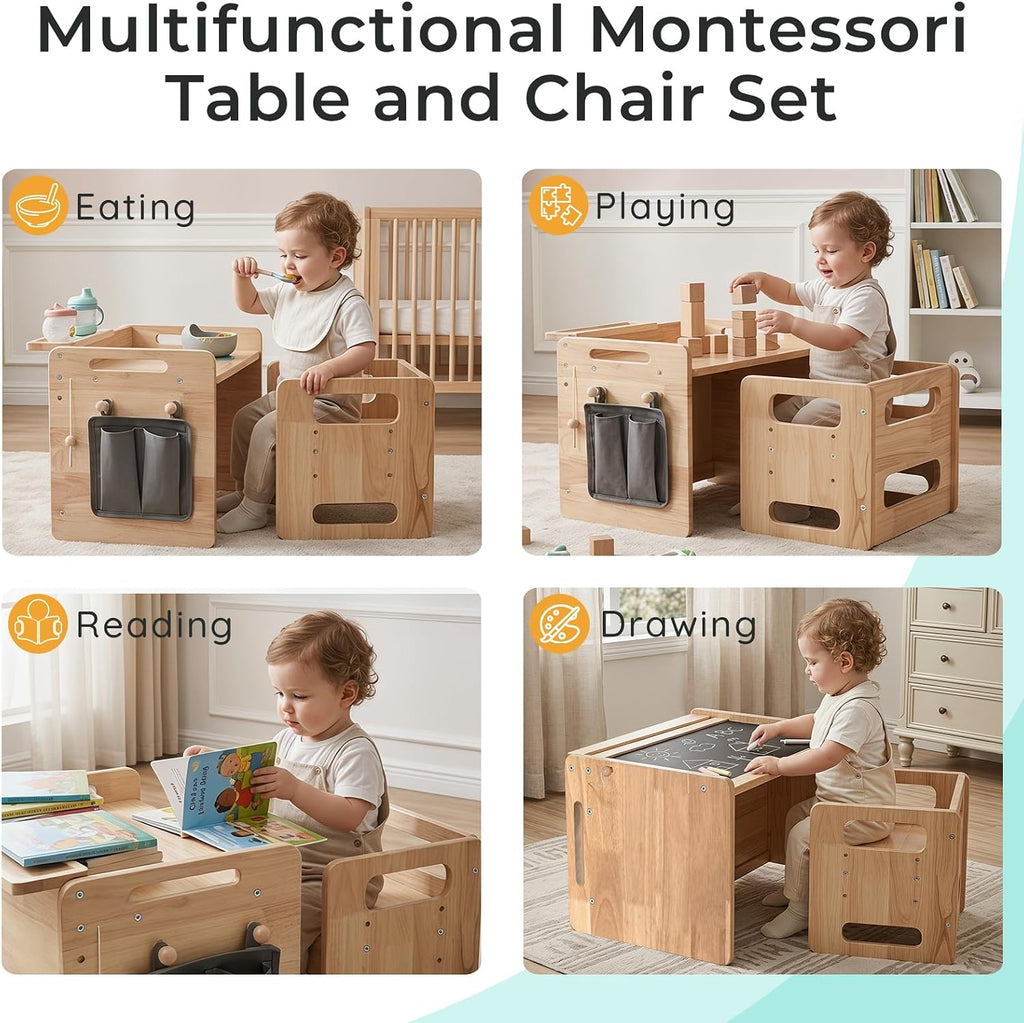 Rubber Wood Montessori Table and Chair,Toddler Tower Set, Wooden Kids Activity Toddler Table and Chair with Adjustable Height, Ideal for Eating, Reading, Drawing, Step Stool (Rubber Wood)
