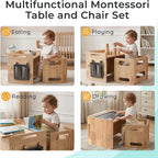 Rubber Wood Montessori Table and Chair,Toddler Tower Set, Wooden Kids Activity Toddler Table and Chair with Adjustable Height, Ideal for Eating, Reading, Drawing, Step Stool (Rubber Wood)
