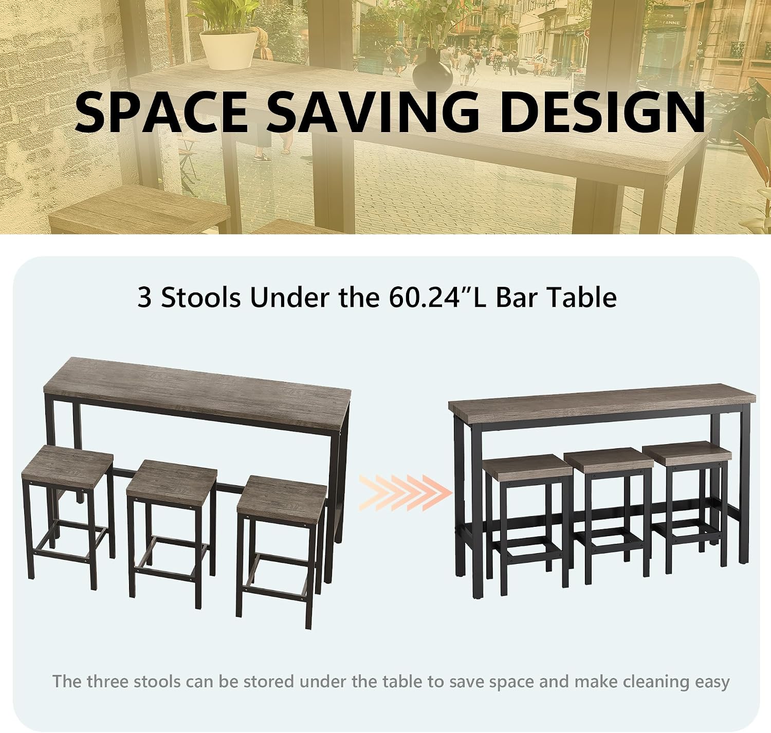 Merax Modern Design 4-Piece Counter Height Extra Long Dining Table Set with 3 Stools and Side Table with Footrest,Space-Saving Pub Kitchen Set,Easy Assembly,Brown Gray